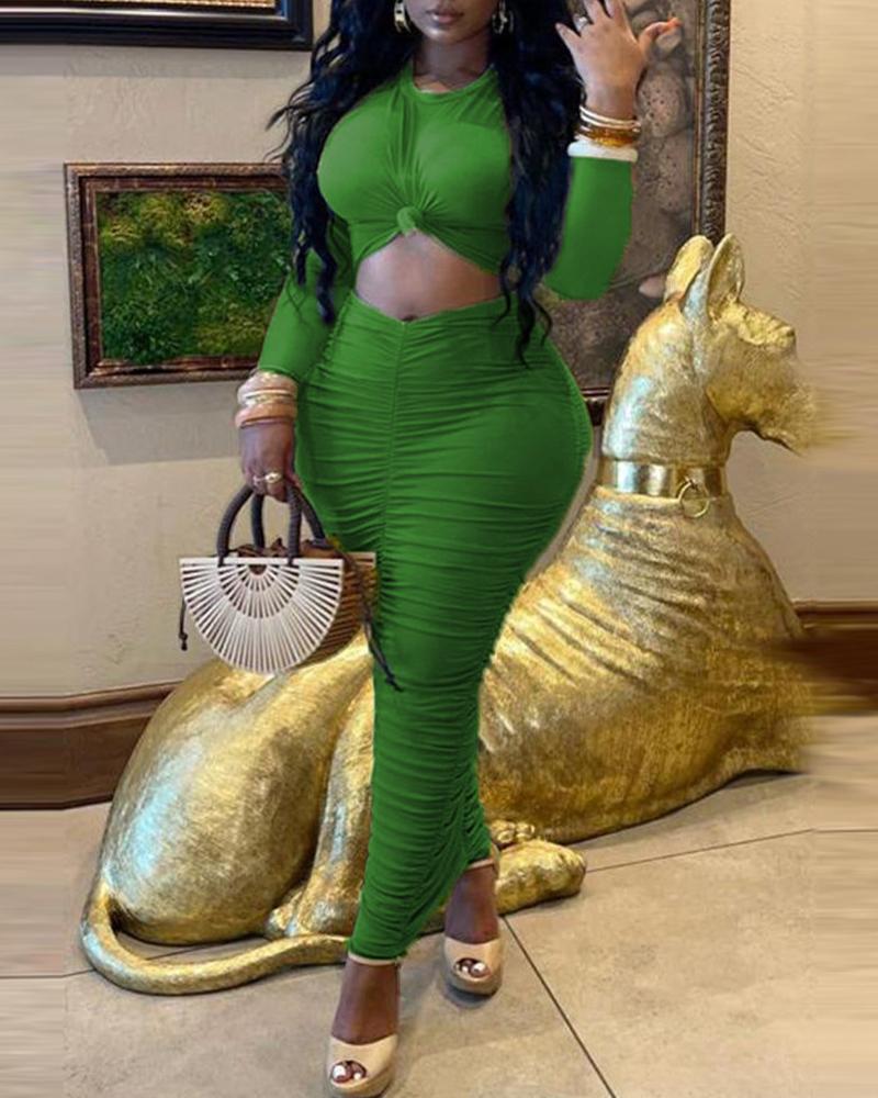 

Plain Long Sleeve Top & Ruched Skirt Set, Green