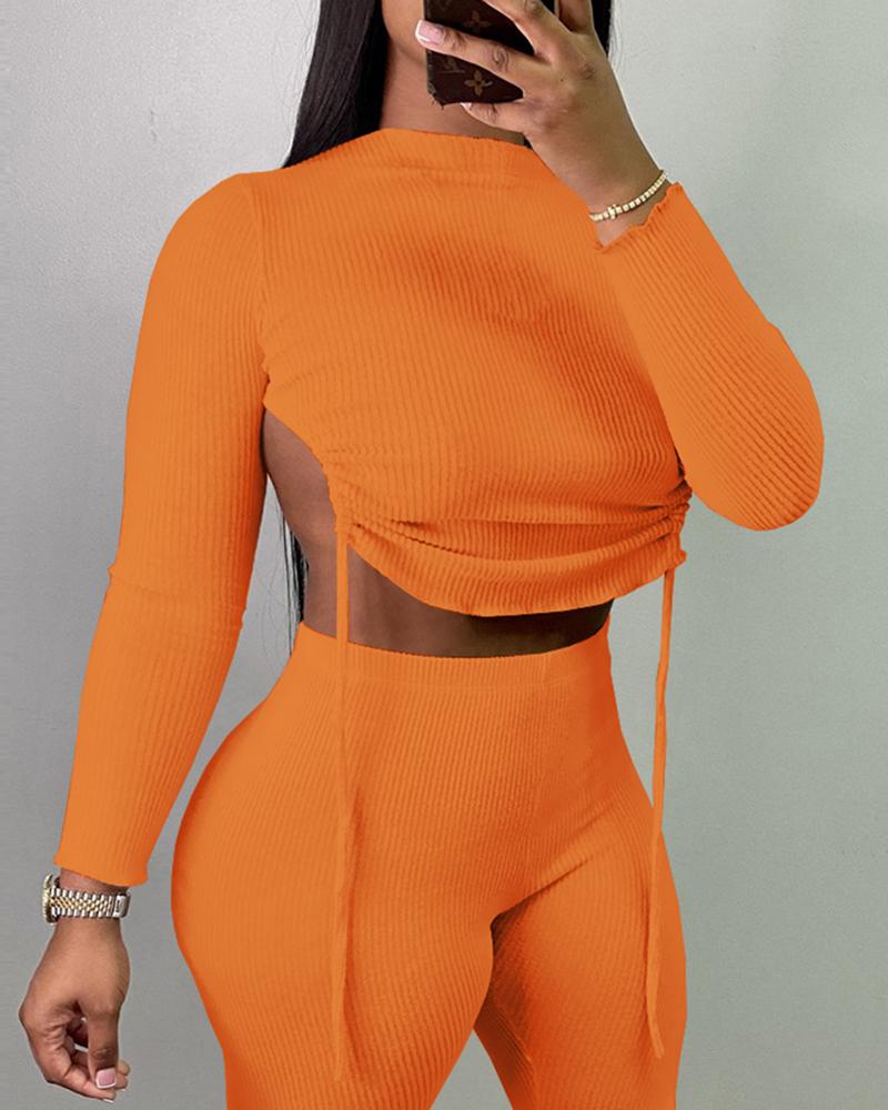 

Ribbed Asymmetrical Backless Drawstring Top & Pants Set, Orange