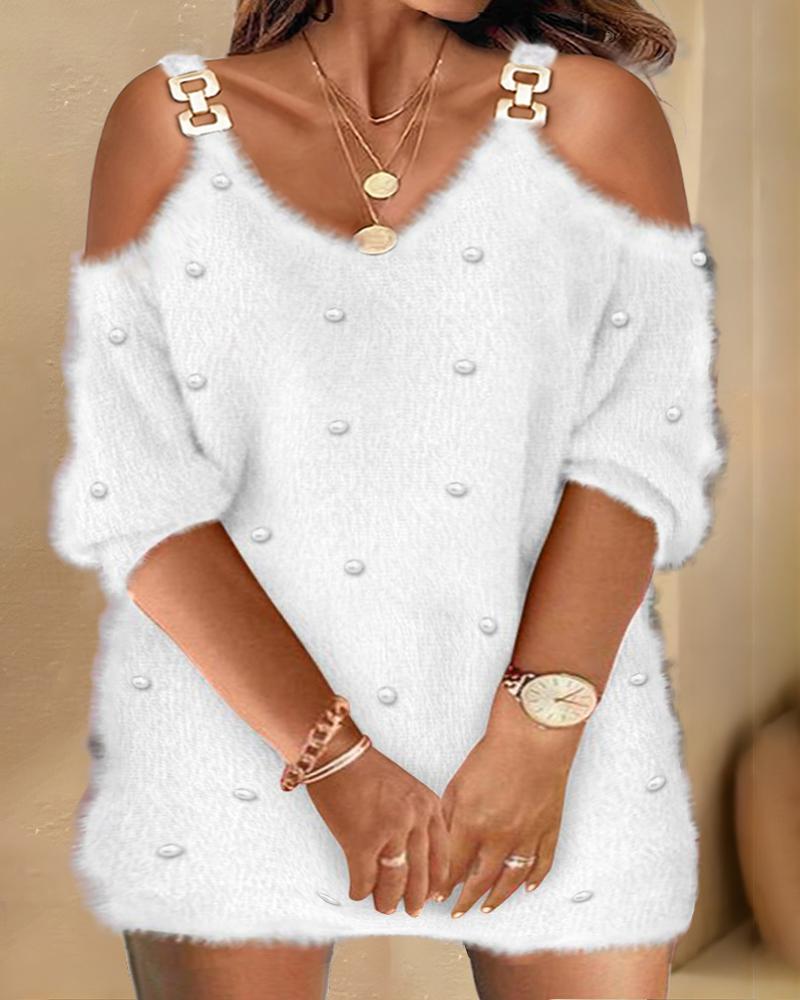 

Plus Size Fuzzy Chain Decor Beaded Casual Dress, White