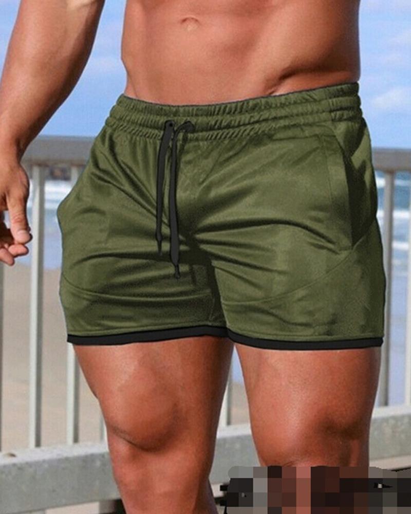 

Solid Color Drawstring Sport Short Pants, Green