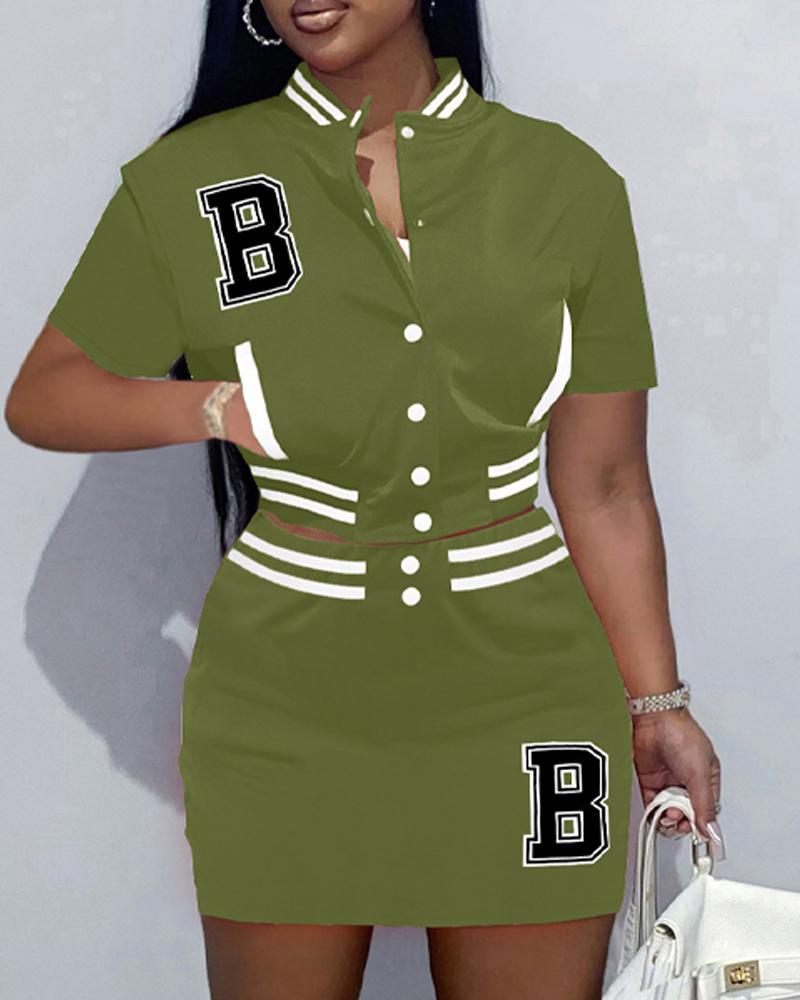 

Embroidery Letter Baseball Collar Crop Top & Skirt Set, Green
