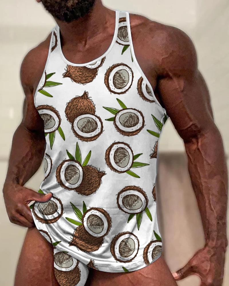 

Coconut Print Sleeveless Tank Top With Underpants Suit Sets, White