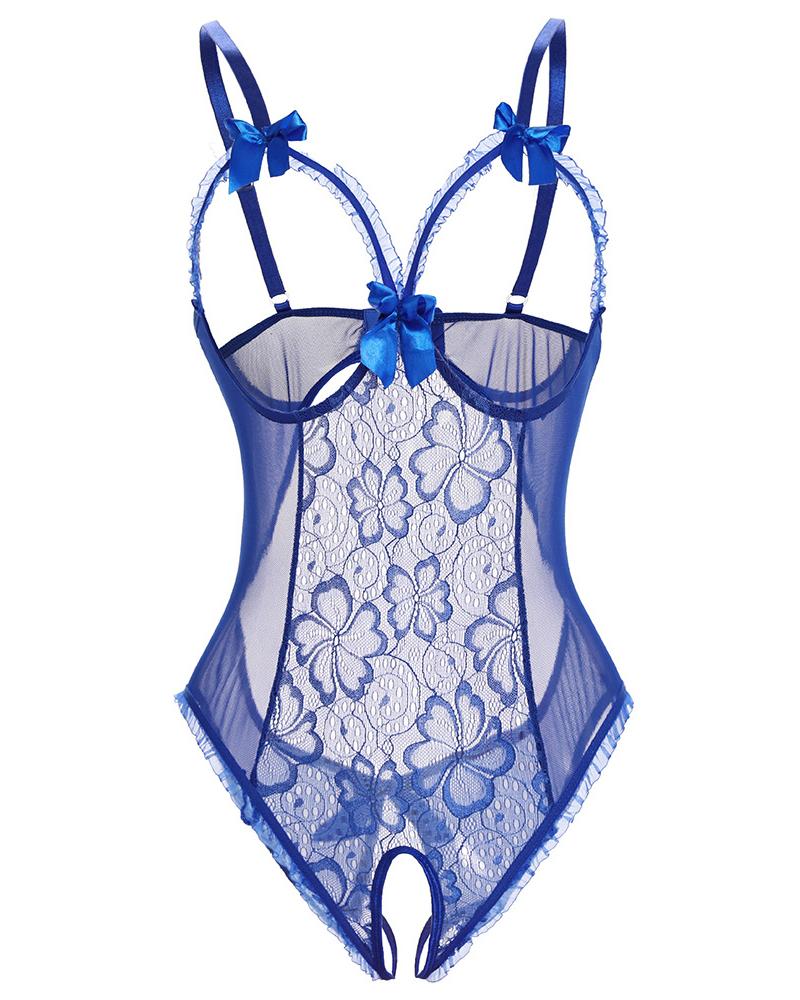 

Bowknot Open Crotch Floral Lace Teddies, Blue