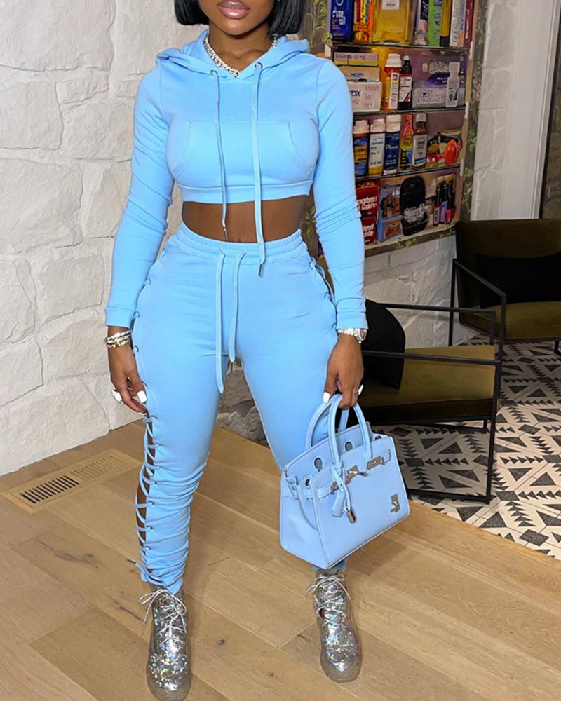 

Pocket Drawstring Crop Hoodie & Grommet Eyelet Lace-Up Pants Set, Lighted blue