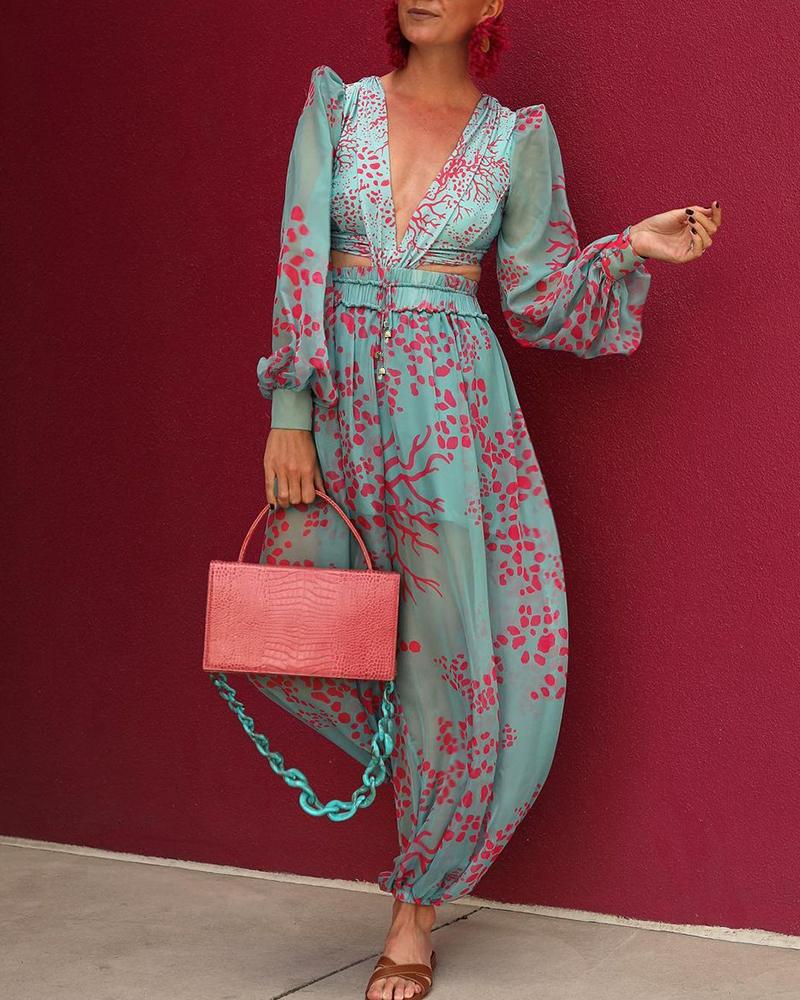 

All Over Print Plunge Jumpsuit, Green
