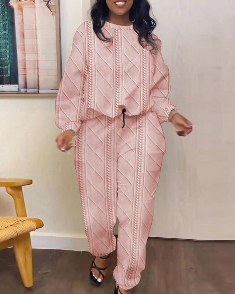

Wheat Textured Drawstring Top & Cuffed Pants Set, Pink
