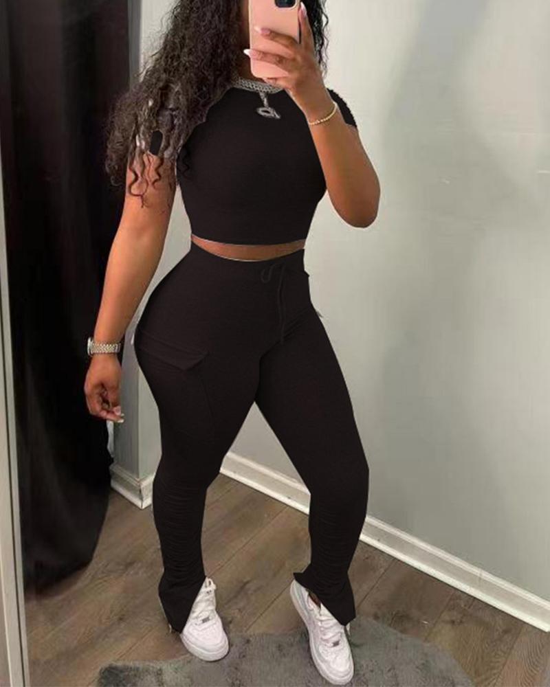 

Solid Short Sleeve Slim T-shirts With Pants Suit Sets, Black