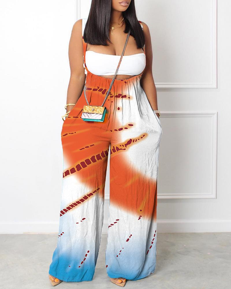 

Tie Dye Print Wide Leg Suspender Jumpsuit, Multicolor