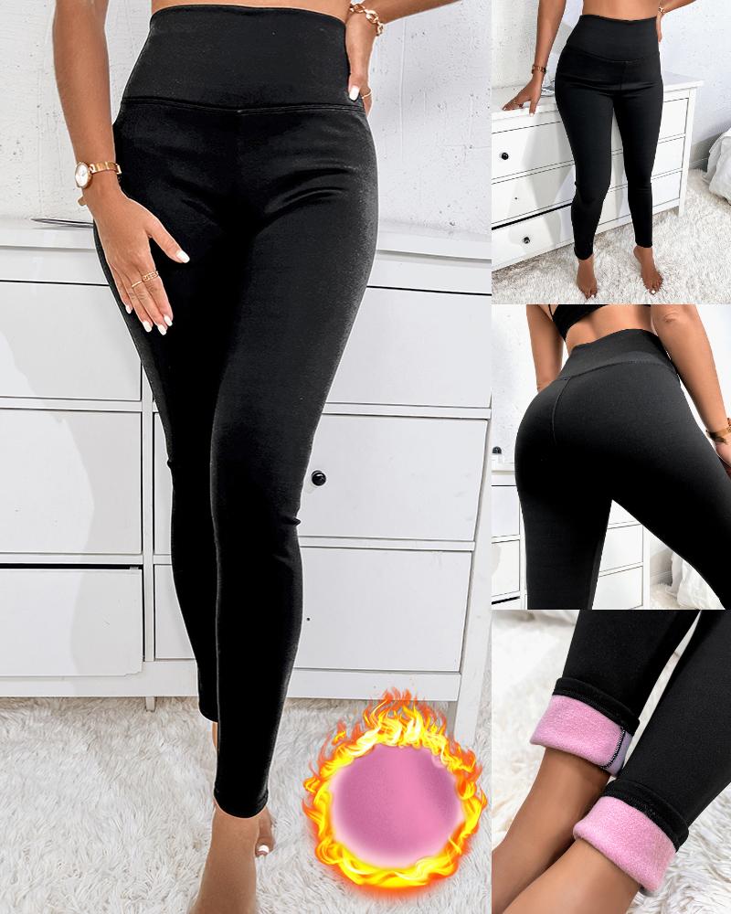 

High Waist Thermal Warm Fleece Lined Leggings, Black