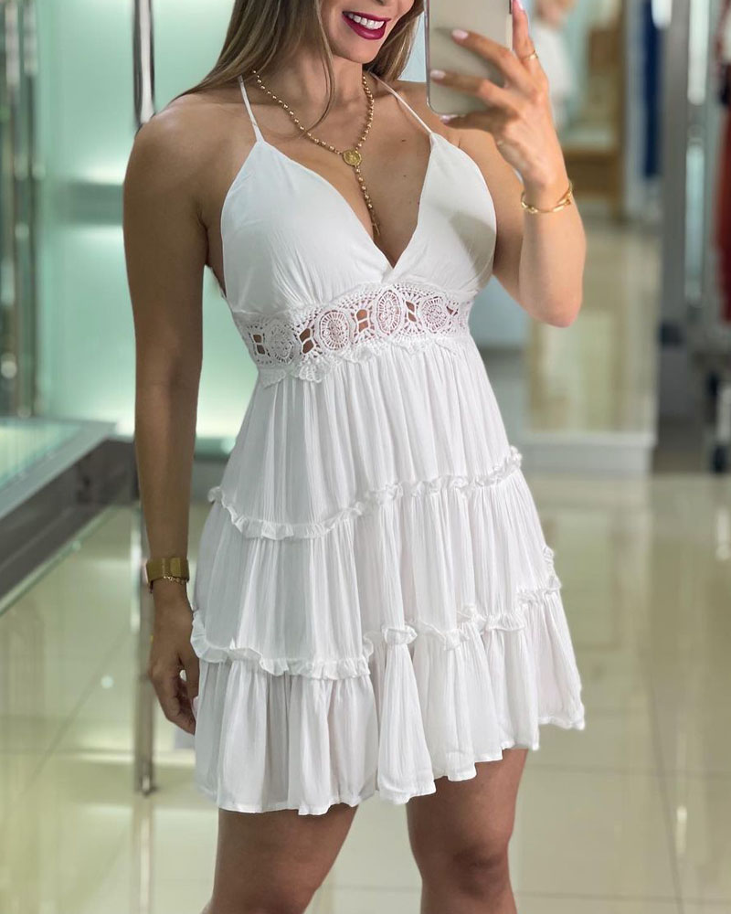 

Guipure Lace Patch Backless Frill Hem Casual Dress, White