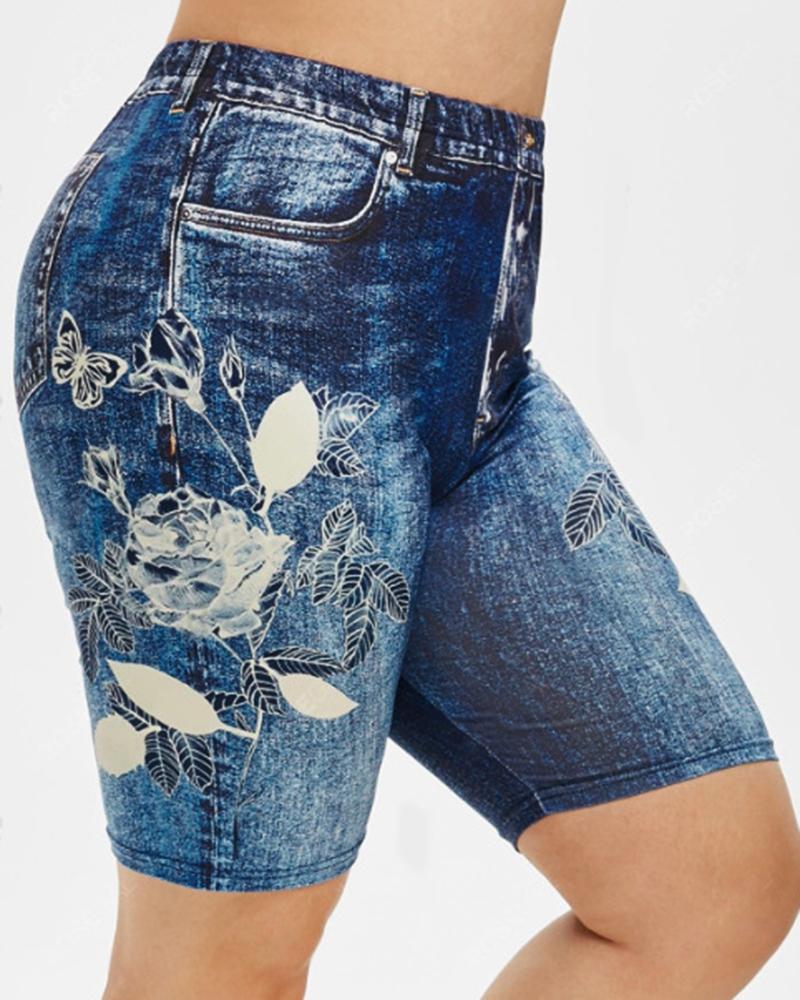 

Plus Size Denim Look Floral Print Biker Shorts With Pockets, Blue