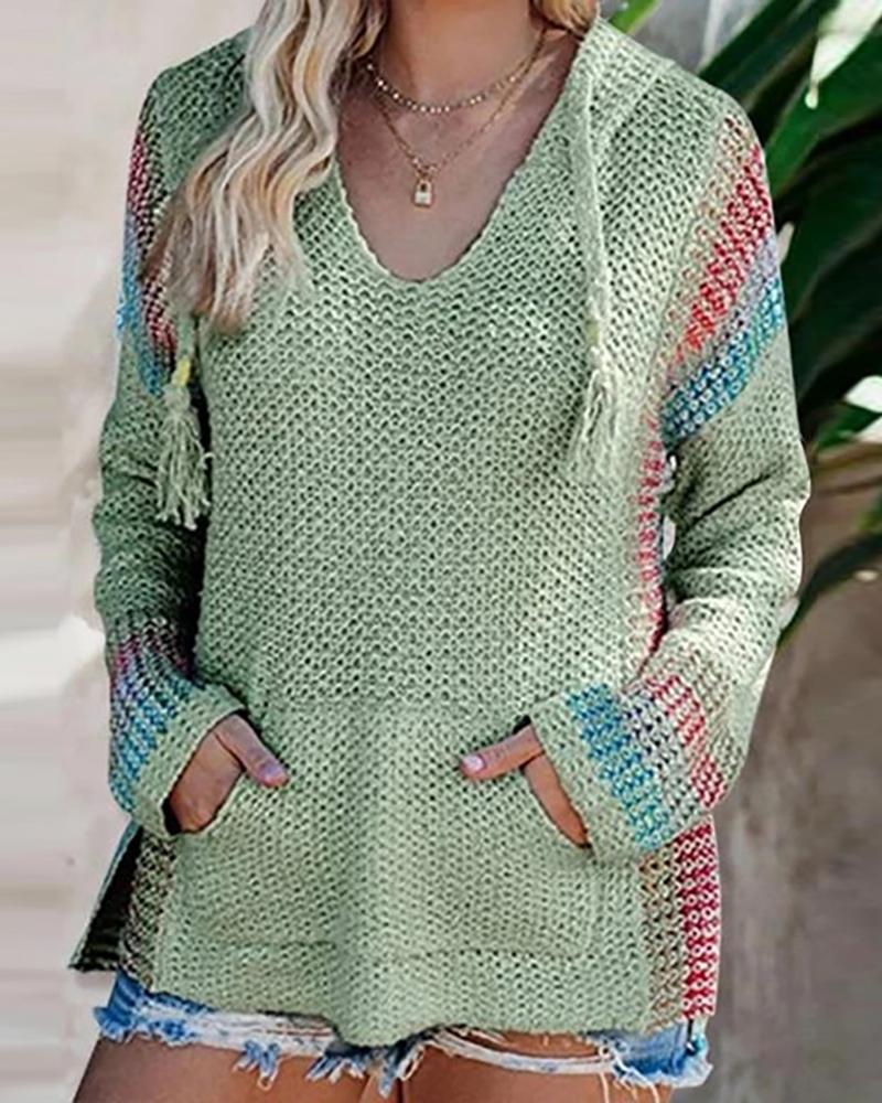 

Colorblock Pocket Design Hooded Sweater, Green