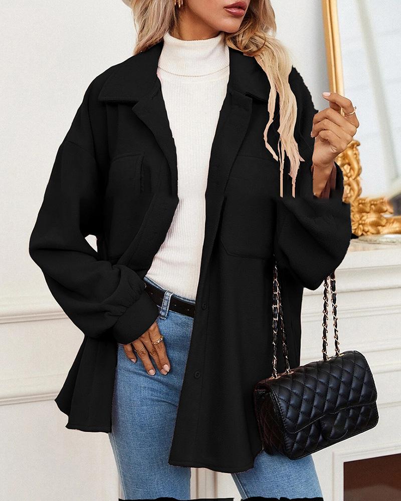 

Long Sleeve Pocket Design Fluffy Shacket, Black