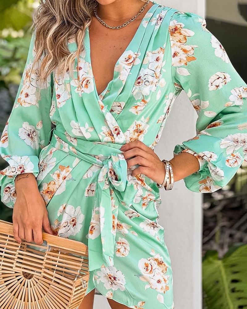 

Floral Print Lantern Sleeve Ruched Dress With Belt, Blue