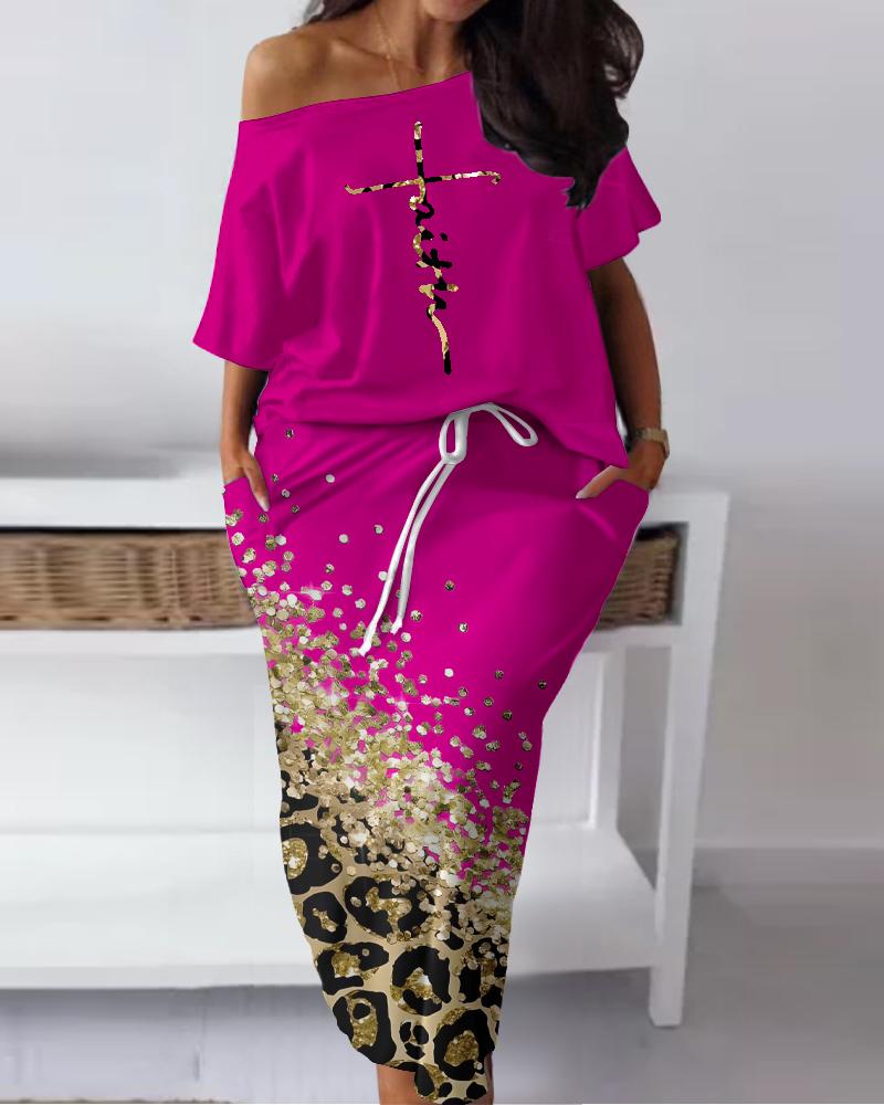 

Plus Size Faith Letter Pattern Top & Contrast Leopard Print Skirt Set, Hot pink