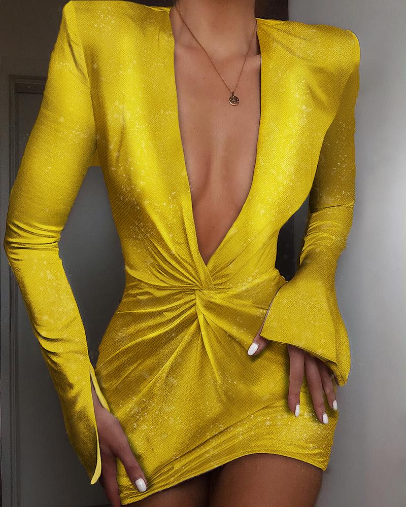 

Glitter Plunge Padded Shoulder Twisted Design Dress, Yellow