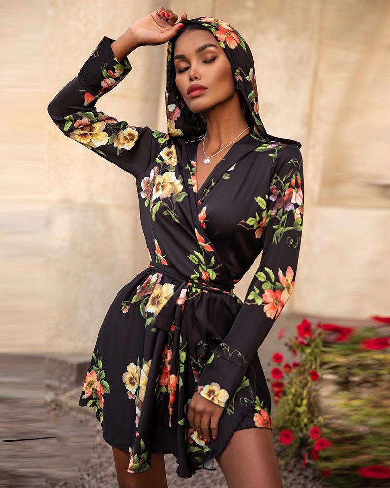 

Floral Print Long Sleeve Wrap Dress, Black