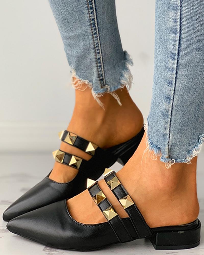 

Double Strap Rivet Pointed Toe Slip-on Flats, Black