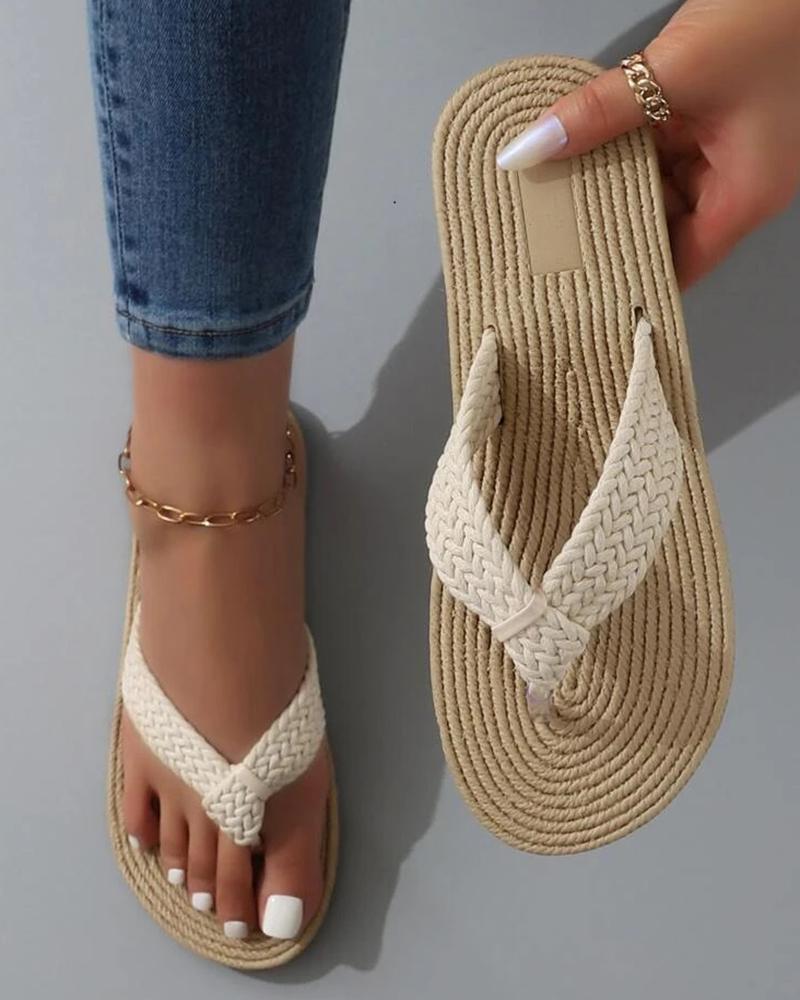 

Braided Toe Post Casual Flip Flops, Beige