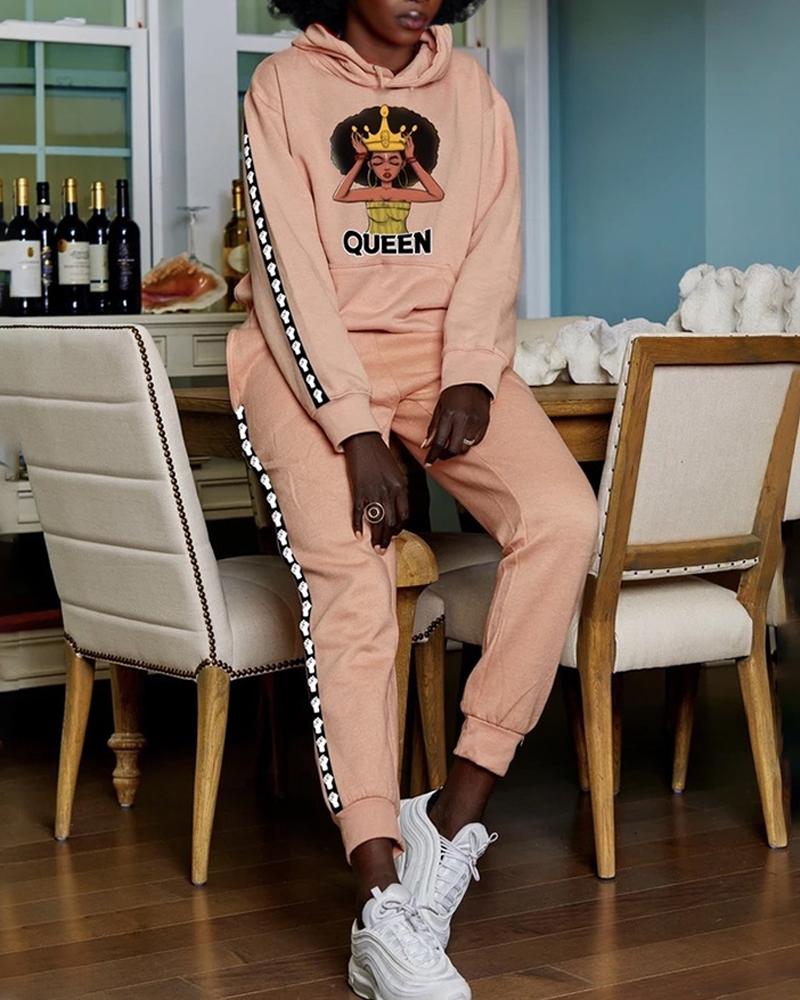 

Figure Print Long Sleeve Casual Hoodie & Pants Set, Apricot
