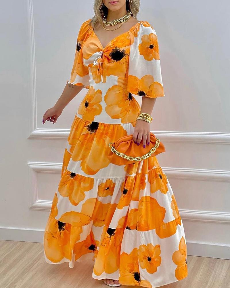 

Floral Print Bell Sleeve Tie Front Maxi Dress, Yellow