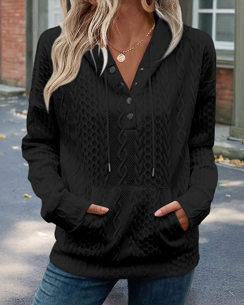

Long Sleeve Half Snap Buttons Front Drawstring Hoodie Sweatshirt Casual Kangaroo Pocket Drop Shoulder Cable Textured Top, Black