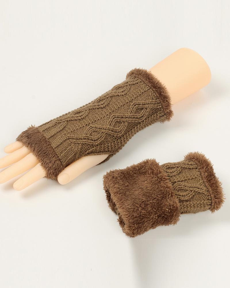 

1Pair Warm Fleece Lined Knit Fingerless Gloves, Brown