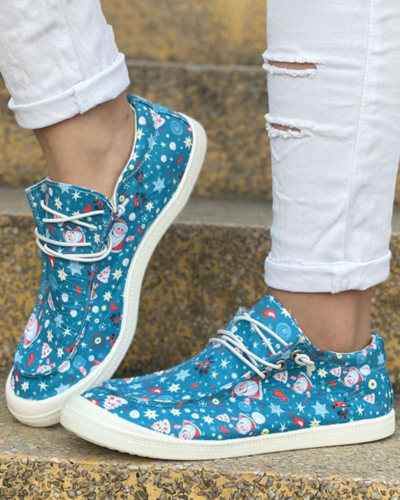 

Christmas Lace-up Graphic Print Canvas Slip-On, Blue