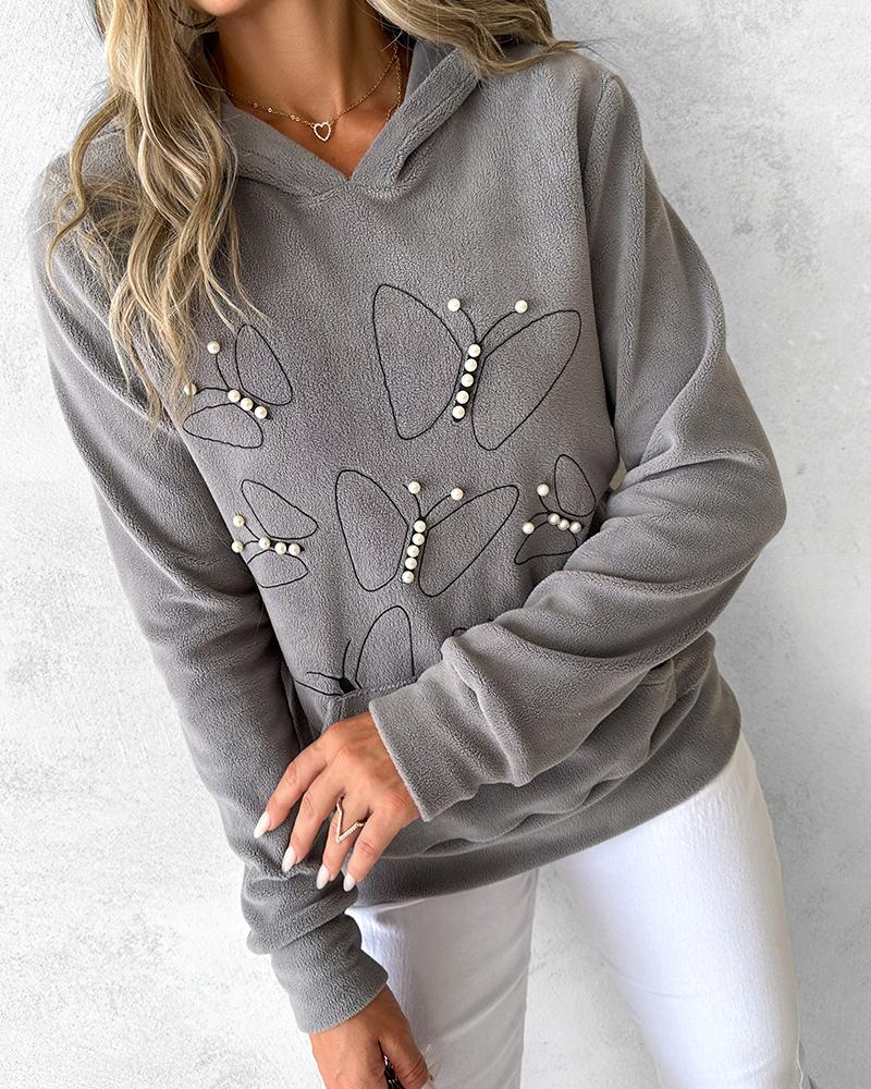 

Pearls Butterfly Pattern Pullover Fuzzy Coat Hooded Sweatshirt, Gray