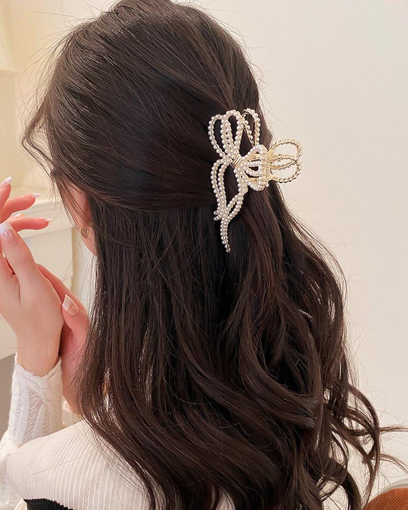 

1pc Rhinestone Pearls Bow Shaped Hair Claw, Style1