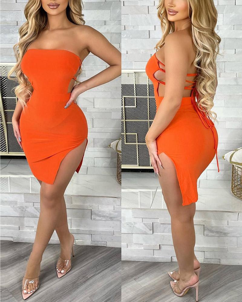 

Lace-up Backless Split Hem Bandeau Bodycon Dress, Orange