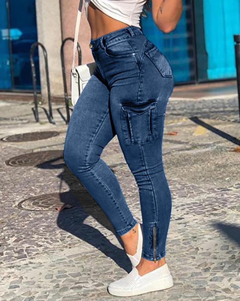 

Buttoned Pocket Design Casual Jeans, Dark blue