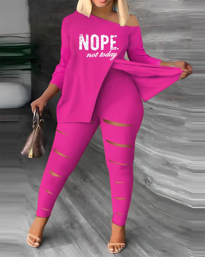 

Plus Size Nope Not Today Split Hem Top & Pants Set, Hot pink