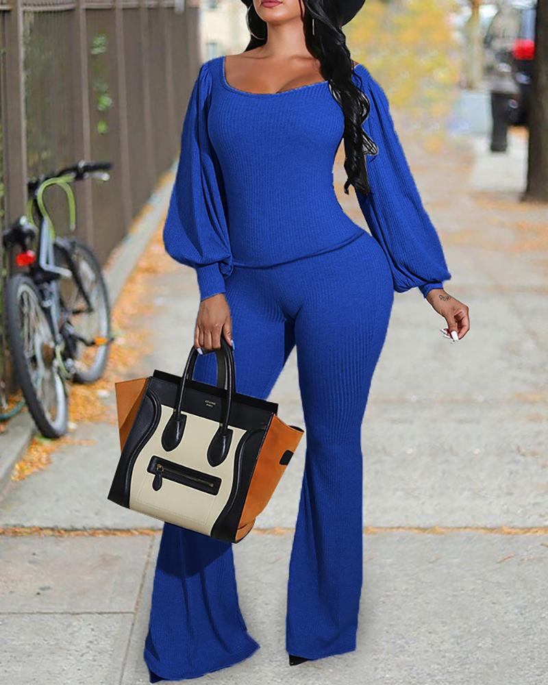 

Ribbed Lantern Sleeve Top & Pants Set, Blue