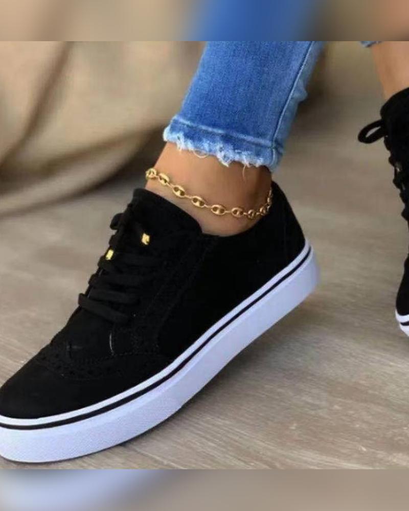 

Round-toe Solid Color Lace-up Suede Sneakers, Black