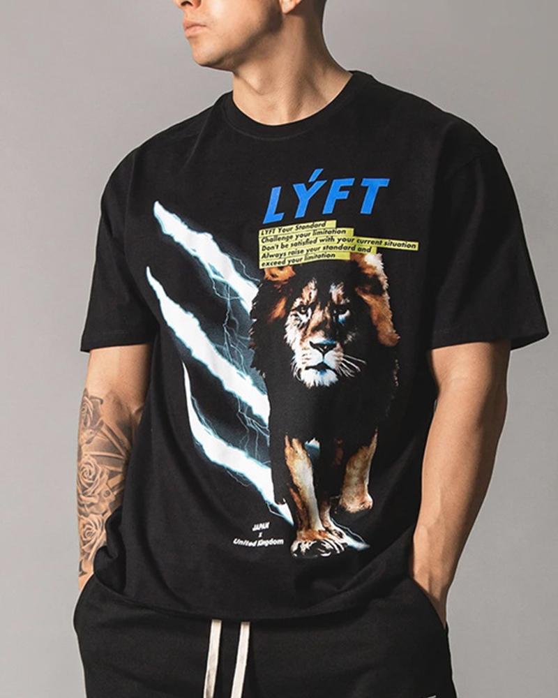 

Lion Print Short Sleeve Loose T-shirts, Black
