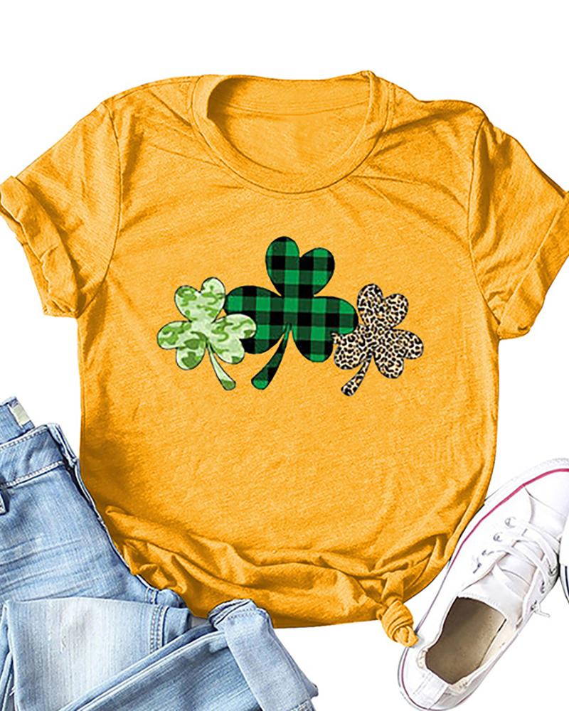 

St.Patrick' Day Clover Print Short Sleeve T-Shirt, Yellow