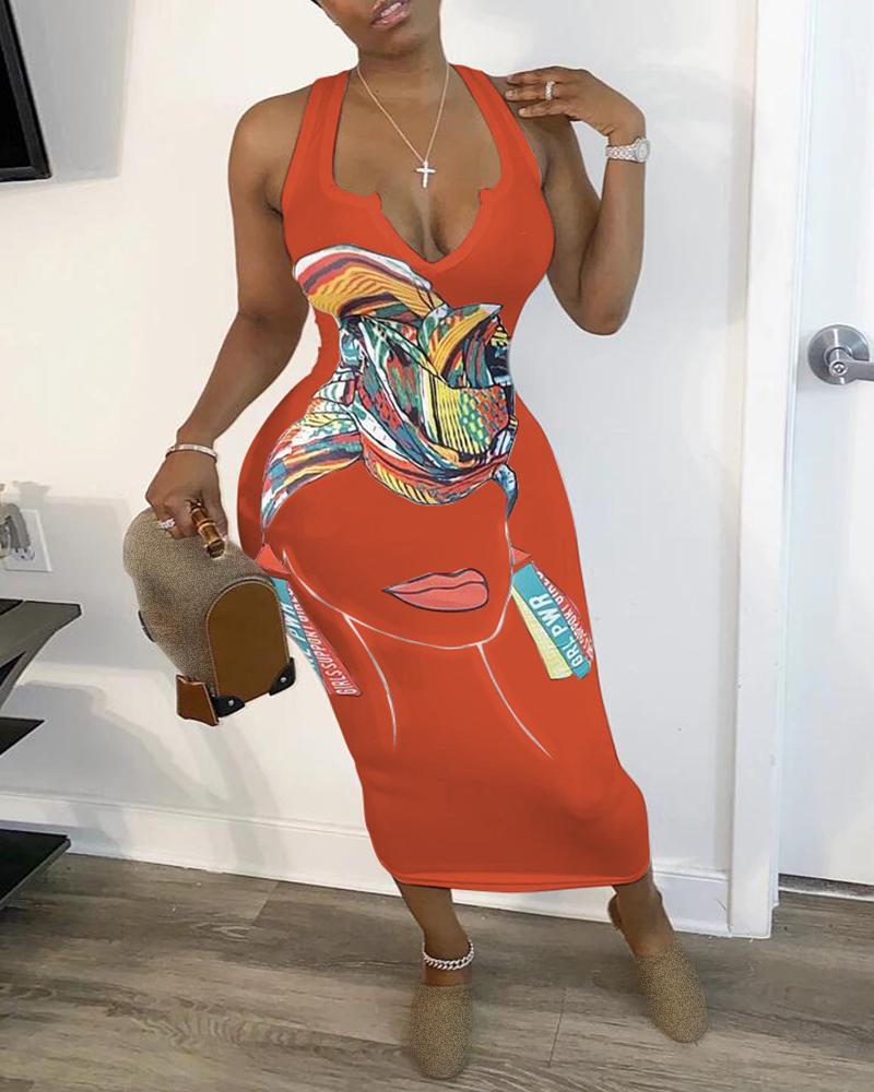 

Figure Print Plunge Thick Strap Midi Dress, Orange