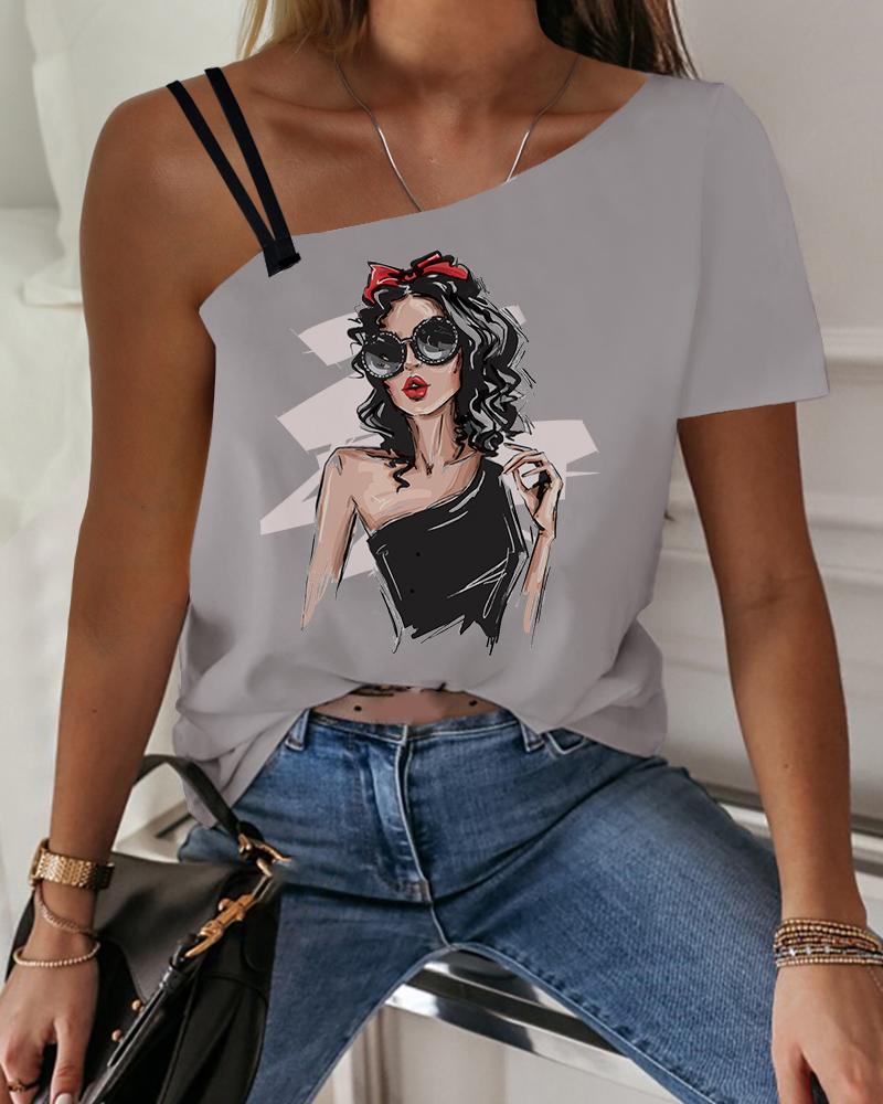

Figure Letter Print Double Strap One Shoulder Top, Gray