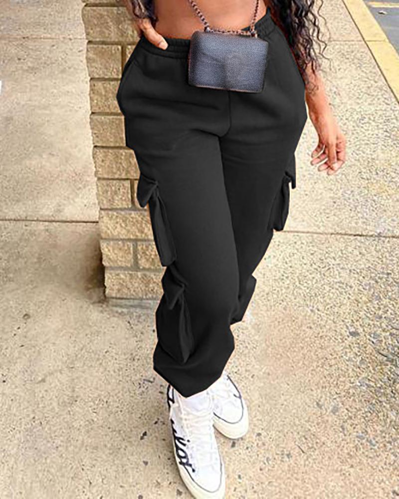 

Plain Pocket Desig Cuffed Active Pants, Black