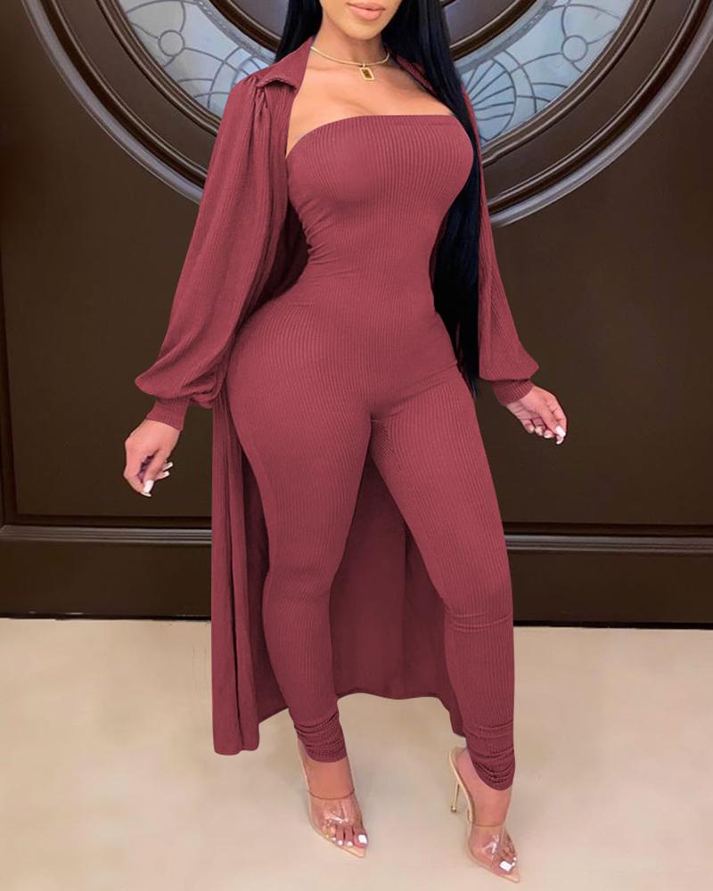 

Bandeau Jumpsuit & Lantern Sleeve Cardigan Set, Wine red