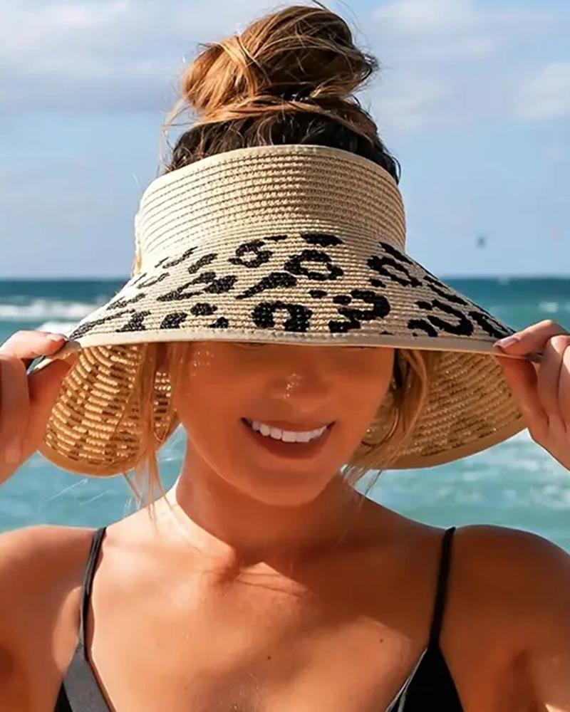 

Leopard Bowknot Wide Brim Beach Visor Sun Hat, Khaki
