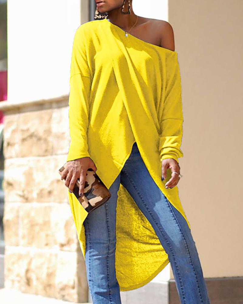 

Long Sleeve Asymmetrical Hem Top, Yellow