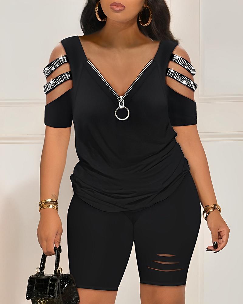 

Rhinestone Cold Shoulder Top & High Waist Shorts Set, Black