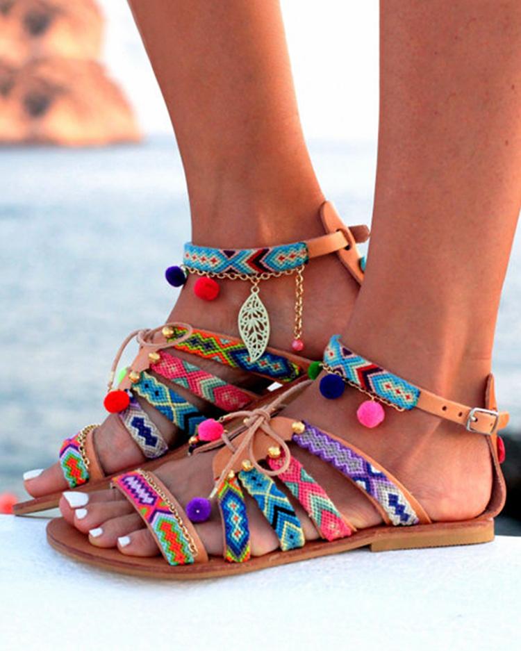 

Pom Pom Lace-up Casual Ethnic Flat Sandals, Multicolor