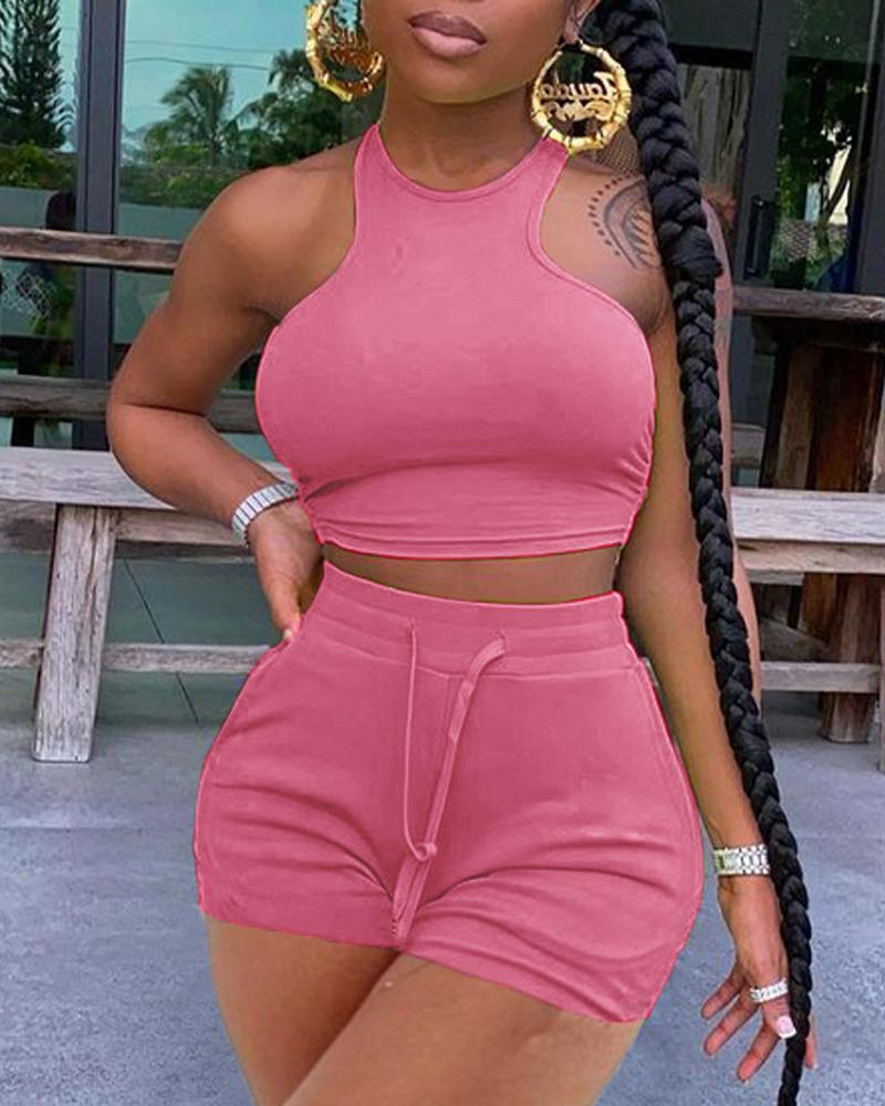 

O-Neck Sleeveless Crop Top & Drawstring Shorts Set, Pink