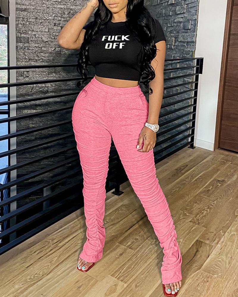 

Letter Print Short Sleeve Top & Pants Set, Pink
