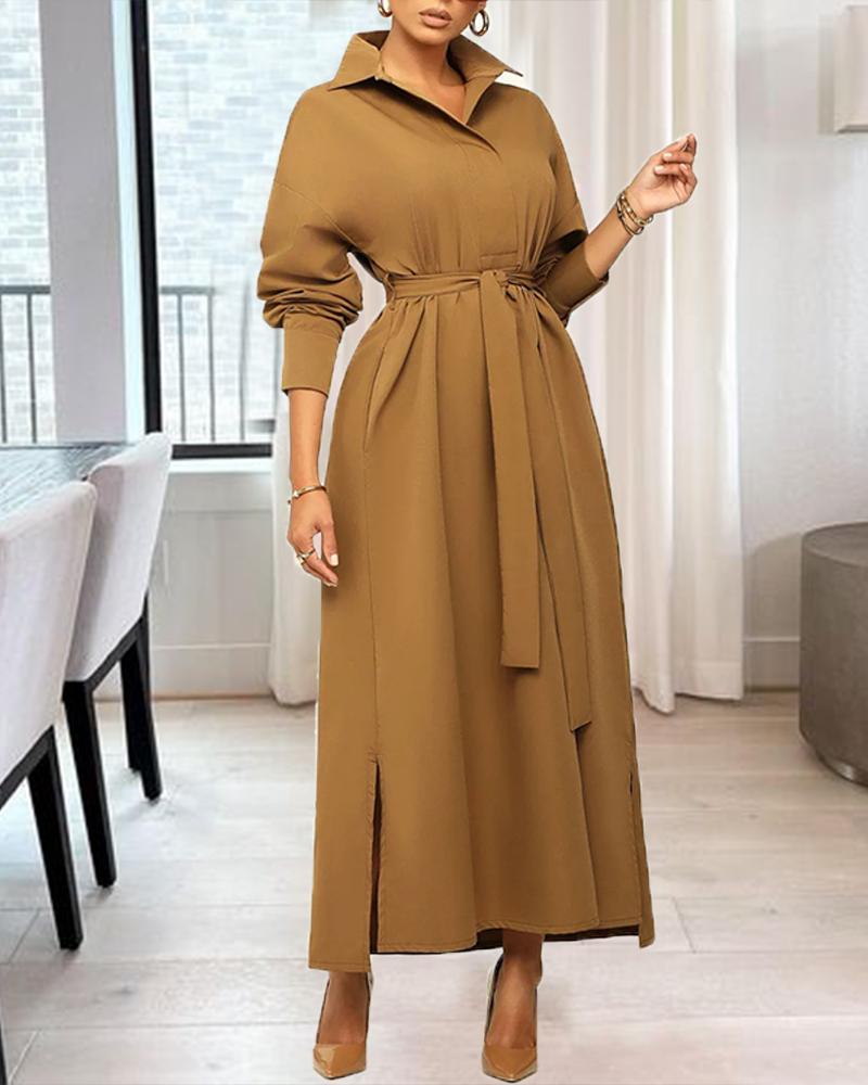 

Long Sleeve Split Hem Belted Shirt Dress, Brown