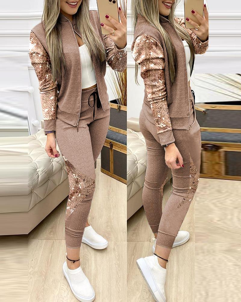 Conjunto de chaqueta con diseño de cremallera y lentejuelas en contraste y pantalón con cordón