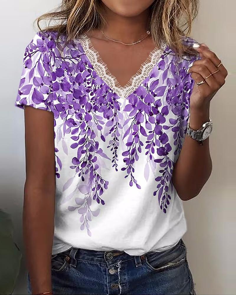 

Plants Print Lace Trim Casual T-shirt, Purple